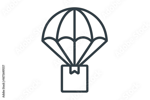 Airdrop delivery icon. Parachute with box, package shipping concept. Fast contactless delivery symbol. Logistics, cargo, and supply chain sign. Vector line illustration.