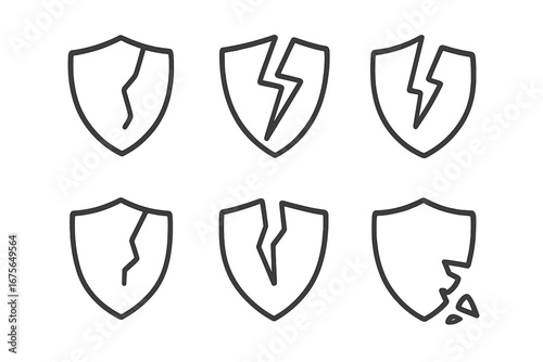 Set of broken shield line icons. Unsafe, no protection, vulnerability concept. Security failure, data breach, risk symbol. Cracked defense pictogram for web design. Vector.