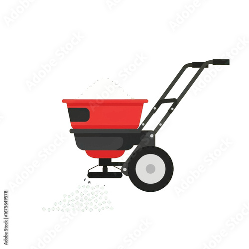 A red fertilizer spreader, filled with white granules, is dispersing its contents onto a dark surface.