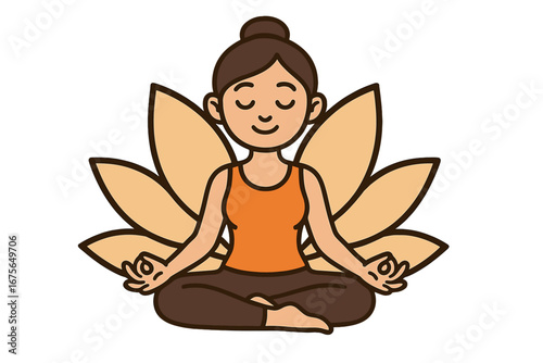 Woman character meditating in lotus pose. Yoga and meditation concept for mindfulness, relaxation, and spiritual wellness. Calm girl in zen harmony. Vector cartoon illustration.