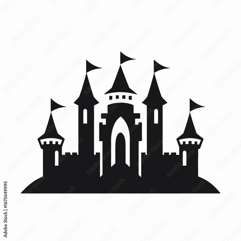 Obraz premium Enchanting fairytale castle with flags waving freely in black silhouette
