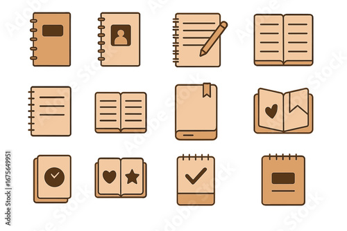 Vector icon set of notebooks, diaries, and planners. Brown linear pictograms for graphic design. Journal, address book, to-do list. Minimalist cartoon style for web and apps.