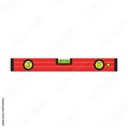 A simple, horizontal red spirit level, displaying a green liquid, is presented against a black backdrop.