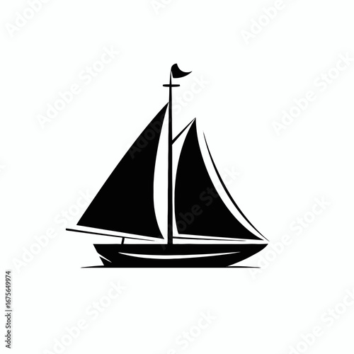 Sleek black and white sailboat floating at sea in simple silhouette