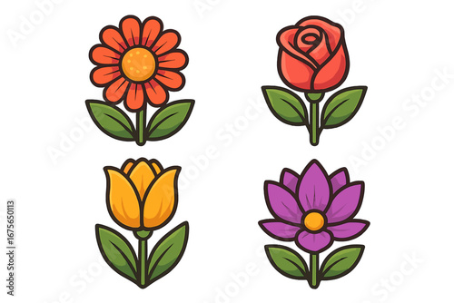 Flower icon set. Cute cartoon floral collection. Vector illustration of rose, tulip, daisy, and lotus. Simple flat design graphic element for spring, summer, nature, garden.