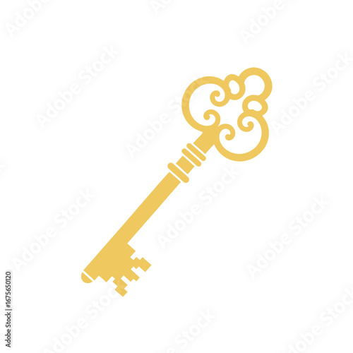 A stylized, ornate gold key is displayed against a striking black background.