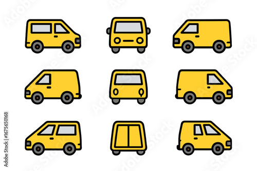 Yellow van icon set. Simple linear filled color pictogram collection. Delivery truck, cargo van, minibus vehicle from front, side, back view for web, graphic design, apps.