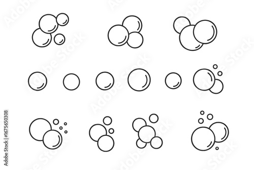 Soap bubbles outline icon set. Simple line art vector illustration collection of fizzy soap suds or foam. Clean water and air bubbles for washing or carbonated drinks.