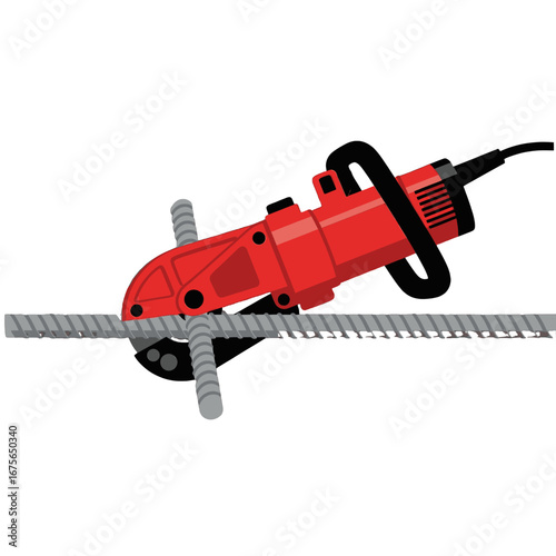 A red metal cutting tool slices through a twisted metal rod against a black background.