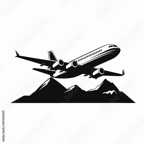 Airplane soaring over mountains in a simple vector drawing silhouette