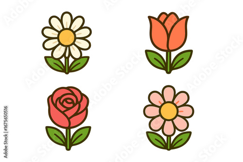 Flower icon set. Cute cartoon vector illustration. Collection of simple floral symbols. Daisy, rose, tulip icons. Flat design nature elements for spring or summer design.