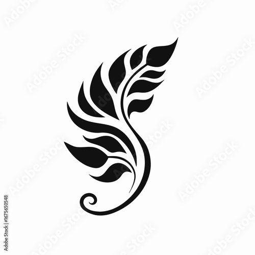 Elegant decorative leafy branch, curling tendrils design vector art silhouette