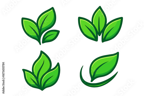 Green leaf icon set for eco friendly logo design. Vector cartoon illustration. Natural, organic, bio, vegan, fresh, healthy food concept. Plant, foliage, sprout, tea symbols.