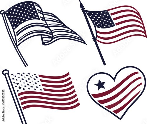 Collection of american flags and patriotic heart designs for usa celebrations vector