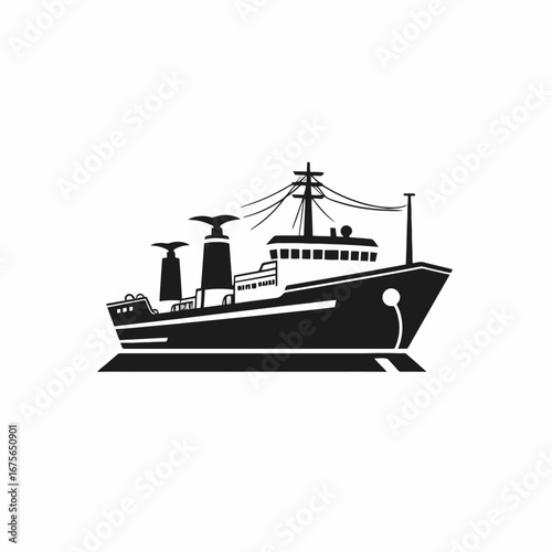 Industrial freighter vessel with sturdy design rendered as a black silhouette