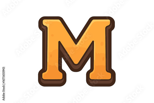 Letter M cartoon font for children. Cute 3D comic alphabet for game logo or title. Bold typography initial for kids. Playful design element with cheese texture. Vector art.