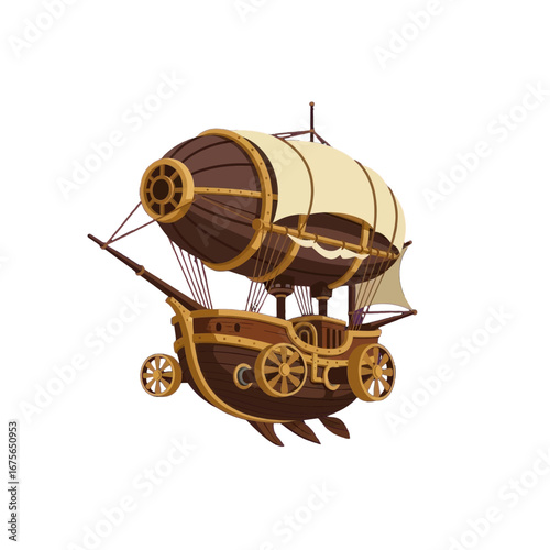 A detailed illustration of a vintage-style airship, showcasing intricate steampunk design elements.