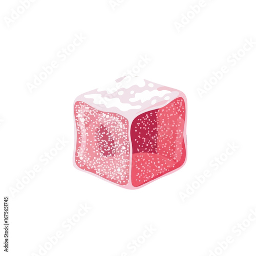 A sugary, pink cube-shaped treat, glistening with granulated sugar, displays a vibrant color palette.