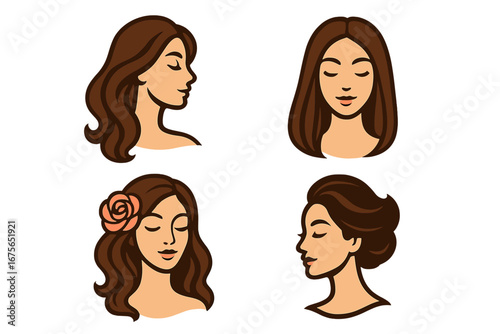 Set of female heads with different hairstyles. Woman beauty salon, spa, hair care logo design elements. Vector illustration collection of elegant women for cosmetics or fashion.