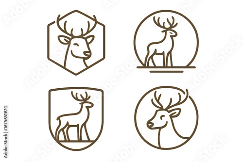 Set of deer logo designs. Minimalist stag head and buck silhouette icons for branding. Vector outline wildlife symbols. Forest animal monoline illustration collection for hunters.