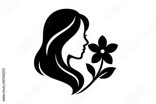 Woman face profile silhouette with flower vector logo. Concept for beauty salon, spa, natural cosmetics, skincare. Girl smelling scent. Minimal, clean, elegant feminine icon.