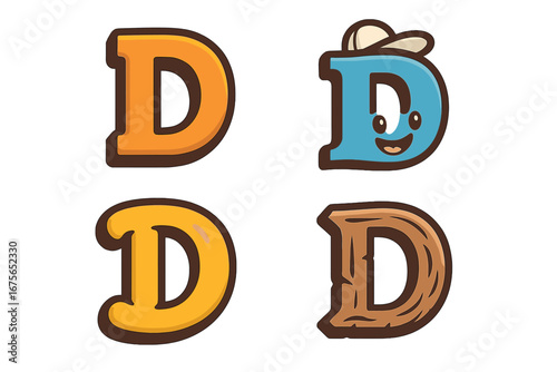 Vector letter D font collection. Set of cute cartoon character mascot, glossy golden bubble, and rustic wood texture typography styles. Alphabet icon pack for kids logo design.