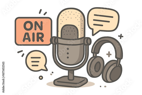 Podcast concept with microphone and headphones. On air sign for radio show, broadcast, or interview. Live streaming audio equipment. Cartoon vector illustration for sound recording.
