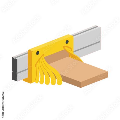 A yellow clamping device secures a piece of light beige wood against a metallic measuring tool.