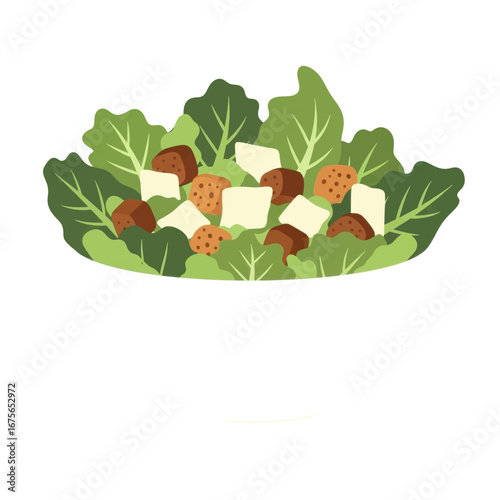 A colorful illustration of a fresh and healthy caesar salad in a white bowl, showcasing the vibrant greens, creamy cheese, and crunchy croutons.