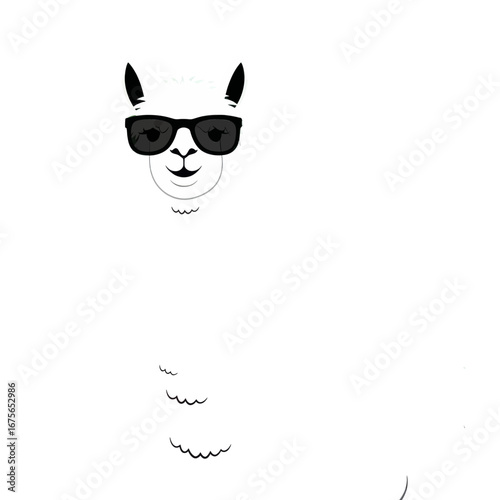A cheerful llama wearing sunglasses against a bold black background.