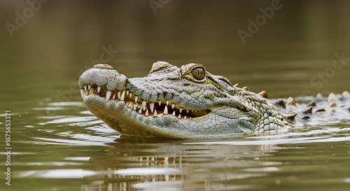 Closeup of a crocodiles head emerging from murky water