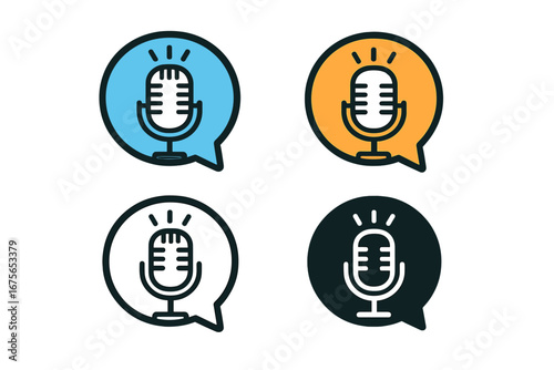 Podcast microphone icon set in speech bubble. Vector logo for broadcast, interview, or radio show. Audio equipment symbol for web, voice recording, media. Communication talk concept.