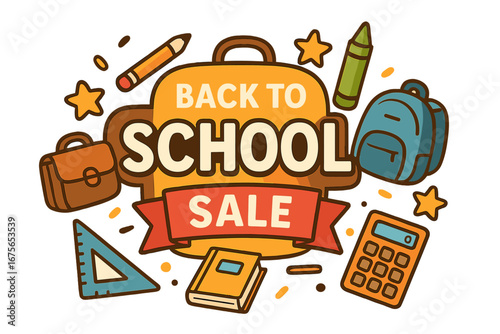 Back to School Sale vector banner illustration. Cartoon graphic for retail promotion and advertising. Education concept with school supplies, backpack, pencil, and calculator.