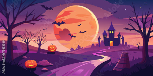 Spooky Halloween Night Landscape with Castle Pumpkins Bats and a Full Moon in a Cartoon Vector Style Illustration for Holiday Designs
