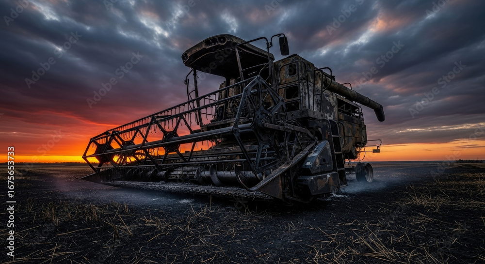 Fototapeta premium Harvesting combine harvester in a field under a dramatic sunset and cloudy sky 
