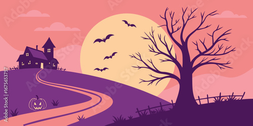 Spooky Halloween Night Scene with Haunted House Bare Tree Bats Flying Full Moon and Pumpkin on a Purple Hillside Landscape