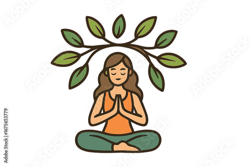 Woman meditating in lotus pose under a tree branch. Yoga and meditation concept. Mindfulness, wellness, harmony with nature. Vector illustration for a spiritual and zen lifestyle.
