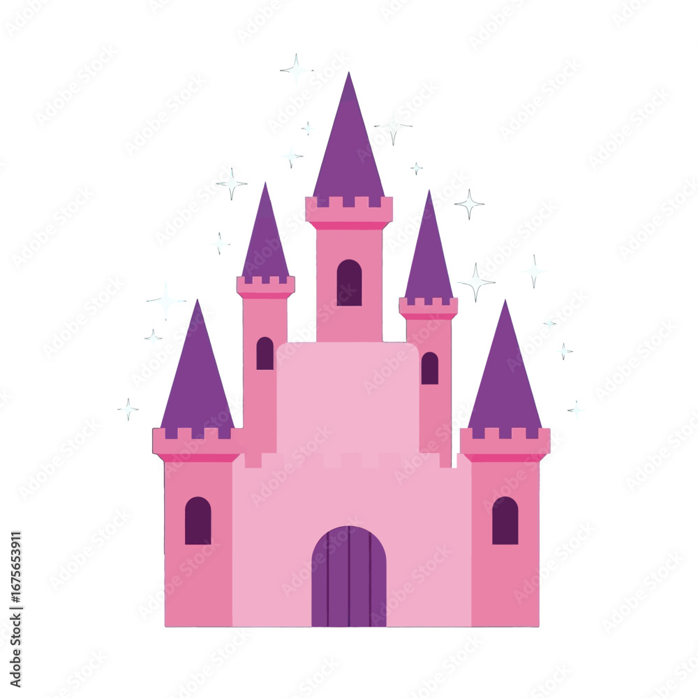 Fototapeta premium A charming, fairytale castle, rendered in soft pinks and purples, is adorned with sparkling stars, creating a magical and enchanting scene.
