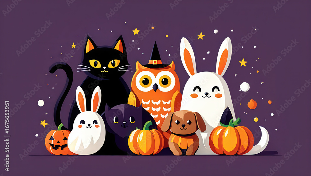 Fototapeta premium Charming collection of cute cartoon animals and pumpkins enjoying a festive Halloween evening