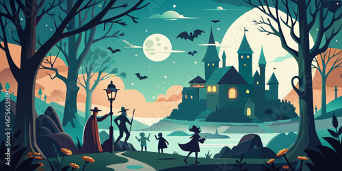 Spooky Halloween Night Illustration Featuring a Haunted Castle Bats Full Moon and Silhouetted Figures Walking Along a Path in a Dark Forest