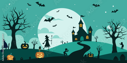 Spooky Halloween Night Scene with Castle Pumpkins Bats and Silhouetted Figures Under a Full Moon in a Teal Color Palette