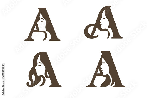 Letter A logo set with woman face silhouette. Elegant monogram for beauty salon, spa, cosmetics. Feminine initial vector icon collection. Fashion, hair, skin care brand identity.
