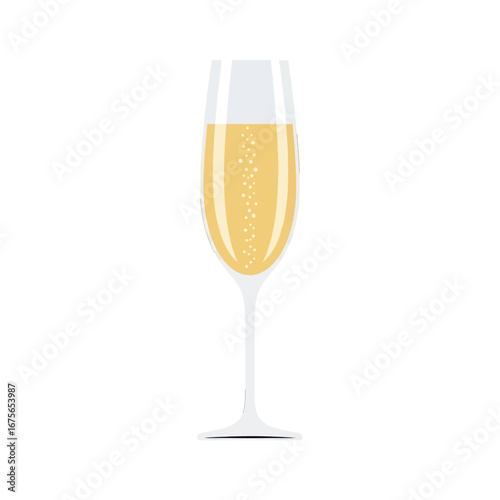 A champagne flute, filled with effervescent liquid, displays a light golden hue against a stark black background.