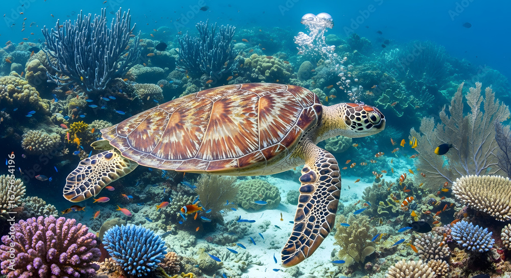Fototapeta premium Hawksbill sea turtle swims gracefully over a vibrant coral reef