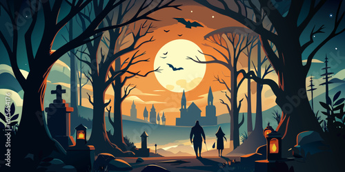 Eerie Halloween Night Walk Through a Spooky Forest Cemetery Under a Full Moon with Bats Flying and Distant Castle Silhouette