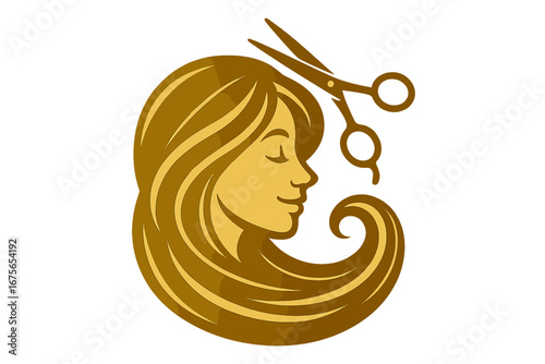 Hair salon logo with woman silhouette and scissors. Beauty salon, hairdresser, or spa brand identity. Elegant female profile with long, beautiful hair. Glamour hairstyle concept.