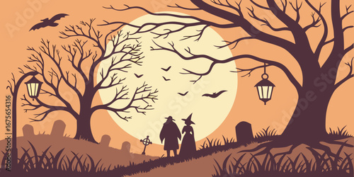 Spooky Halloween Night Scene with Silhouetted Couple Cemetery Moon Trees Bats and Lanterns in a Flat Vector Illustration Style