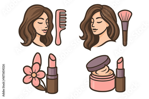 Beauty salon icon set. Woman face logo for hairstyle and cosmetics. Vector cartoon illustration of makeup, lipstick, cream, comb, brush. Skincare and glamour concept design.