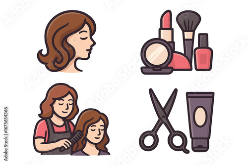 Beauty salon and hair salon vector icon set. Cartoon illustration for logo design. Hairdresser, hairstyle, cosmetics, makeup, lipstick, scissors, nail polish, hair care.