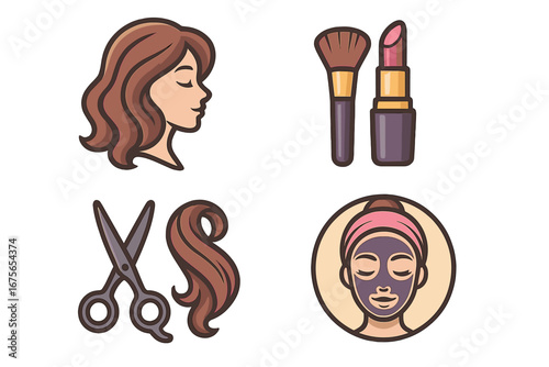 Beauty salon icon set vector. Haircut, hairstyle and makeup artist logo elements. Cosmetology, skincare, facial mask, lipstick and scissors for hairdresser or beautician.